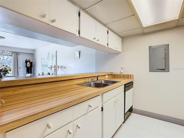 kitchen featuring a sink, electric panel, white cabinetry, white dishwasher, and light countertops