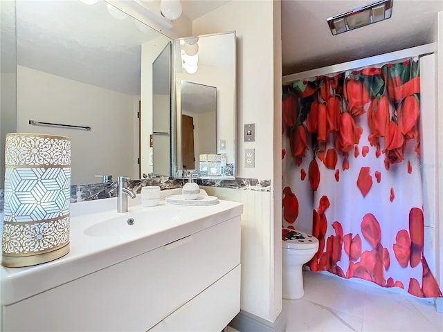 full bathroom with vanity, toilet, a shower with curtain, and tile patterned flooring