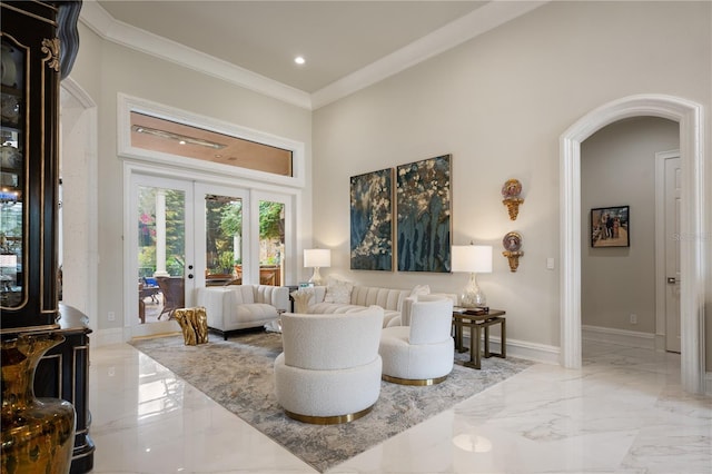 living room with crown molding, baseboards, french doors, arched walkways, and marble finish floor