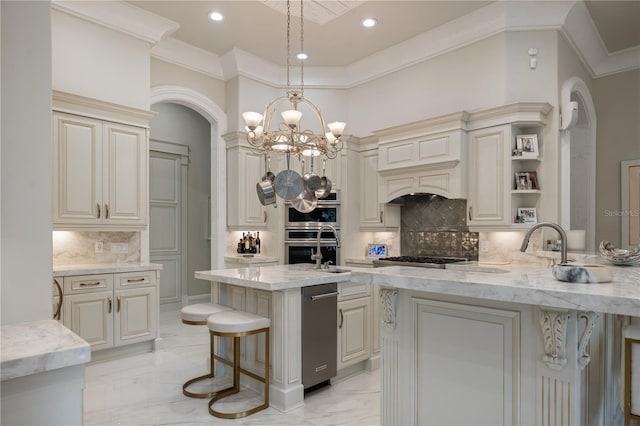 kitchen featuring arched walkways, marble finish floor, light stone countertops, and open shelves