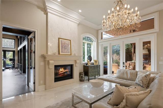 living room with a high end fireplace, plenty of natural light, marble finish floor, and french doors