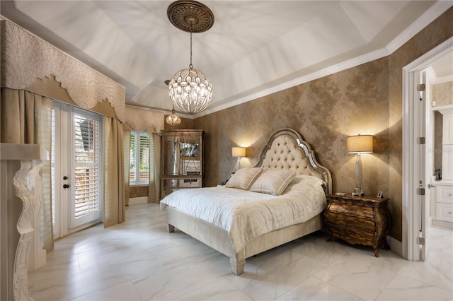 bedroom with crown molding, access to outside, a notable chandelier, and marble finish floor