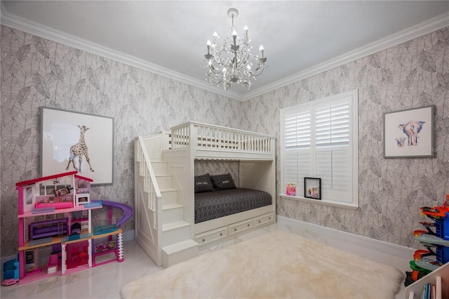 bedroom featuring a notable chandelier, crown molding, and wallpapered walls