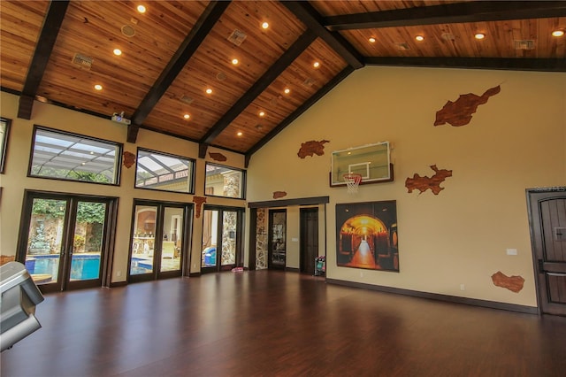 interior space featuring beamed ceiling, french doors, high vaulted ceiling, and wooden ceiling