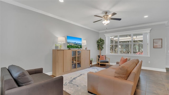 tiled living area featuring baseboards, ornamental molding, ceiling fan, and recessed lighting