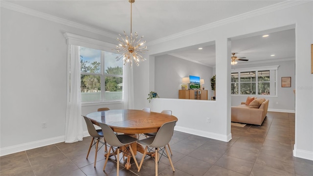 dining area featuring ornamental molding, recessed lighting, baseboards, and ceiling fan with notable chandelier