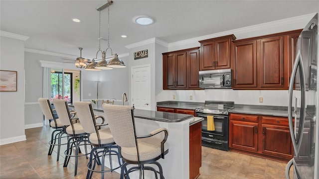 kitchen featuring electric range, dark countertops, a kitchen island, ornamental molding, and decorative light fixtures