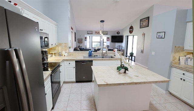 kitchen with light tile patterned flooring, a kitchen island, white cabinets, light countertops, and black appliances