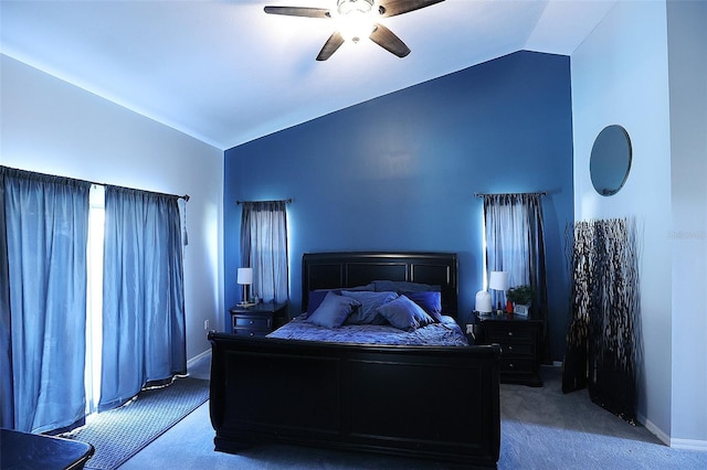 bedroom featuring lofted ceiling, carpet floors, a ceiling fan, and baseboards