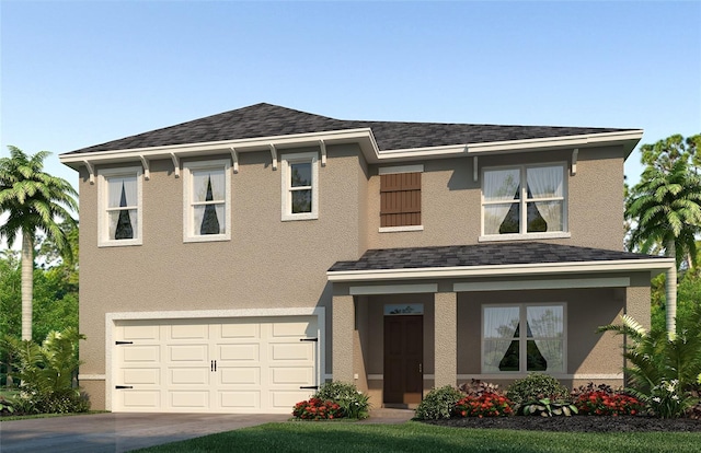 view of front of property featuring an attached garage, roof with shingles, concrete driveway, and stucco siding