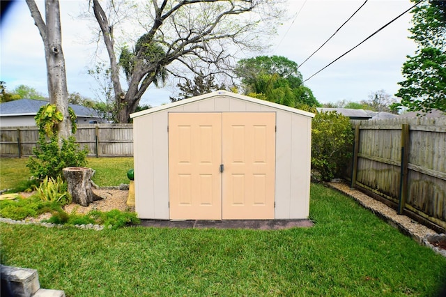 view of shed featuring a fenced backyard