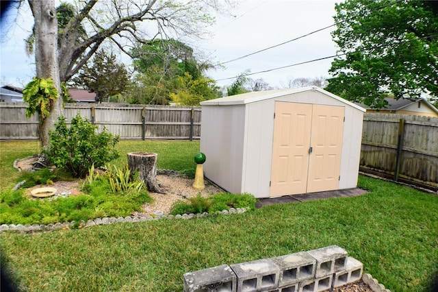 view of shed featuring a fenced backyard