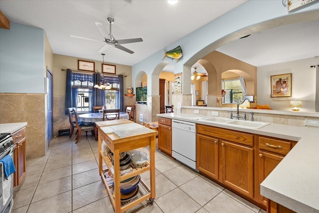 kitchen featuring a healthy amount of sunlight, light countertops, dishwasher, and a sink