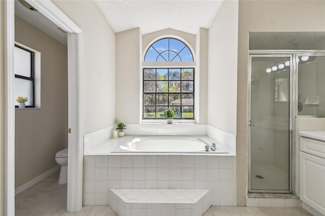 full bath featuring a shower stall, toilet, lofted ceiling, and a garden tub