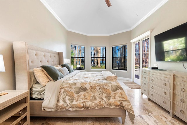 5524 Sail Ct, Orlando, FL 32819 - bedroom with access to exterior, ornamental molding, light marble finish floors, multiple windows, and a ceiling fan
