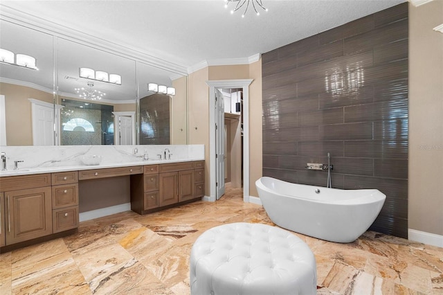 5524 Sail Ct, Orlando, FL 32819 - bathroom featuring double vanity, marble tiled floors, ornamental molding, a freestanding tub, and baseboards