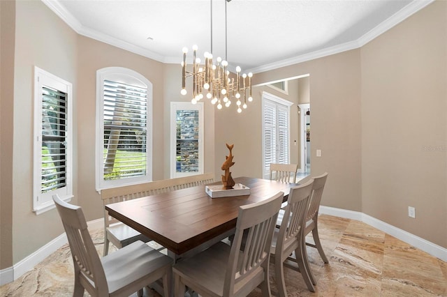 5524 Sail Ct, Orlando, FL 32819 - dining area with light marble finish flooring, ornamental molding, baseboards, and a chandelier