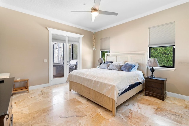 5524 Sail Ct, Orlando, FL 32819 - bedroom with crown molding, access to exterior, baseboards, and ceiling fan