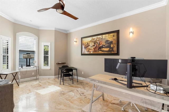 5524 Sail Ct, Orlando, FL 32819 - home office featuring marble tiled floors, ornamental molding, a textured ceiling, a ceiling fan, and baseboards