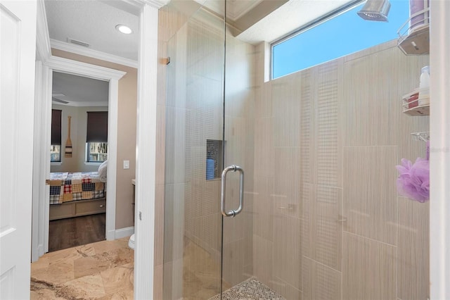 5524 Sail Ct, Orlando, FL 32819 - ensuite bathroom featuring ornamental molding, a stall shower, toilet, and recessed lighting