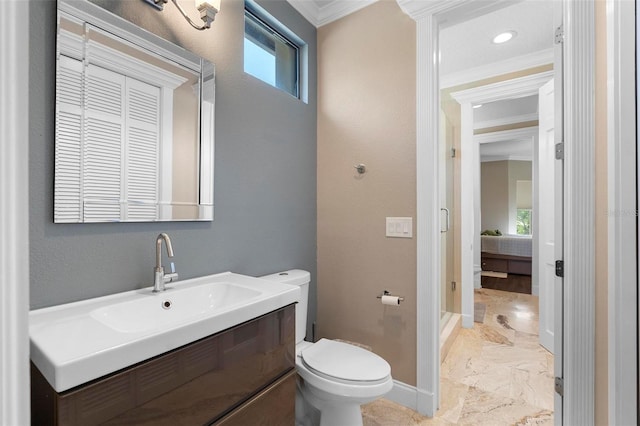 5524 Sail Ct, Orlando, FL 32819 - bathroom featuring ornamental molding, baseboards, toilet, vanity, and marble finish floors