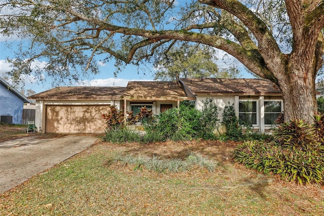 ranch-style house with a garage, cooling unit, concrete driveway, and stucco siding