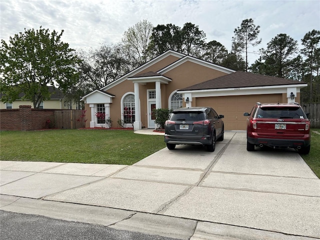 view of front of home featuring stucco siding, concrete driveway, an attached garage, fence, and a front lawn