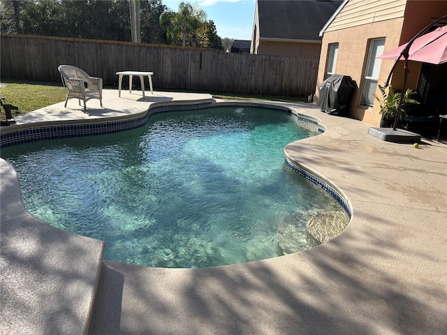 view of pool with a patio area, grilling area, a fenced in pool, and a fenced backyard