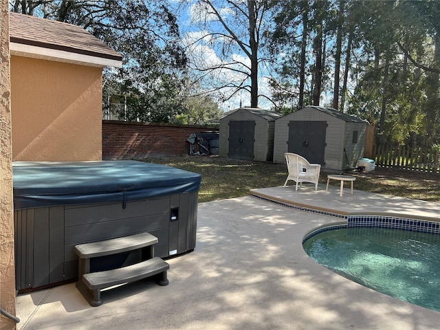 view of pool featuring an outbuilding, fence, a hot tub, a storage shed, and a patio area