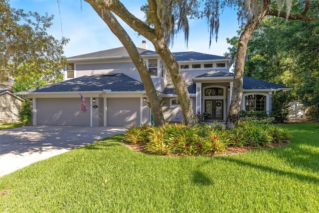 view of front facade featuring a chimney, stucco siding, concrete driveway, a garage, and a front lawn