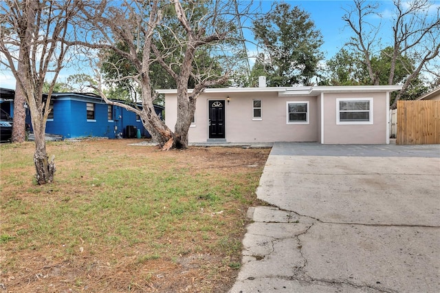 single story home featuring a front yard, fence, and stucco siding