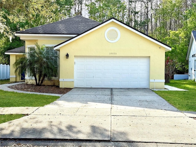 view of front of property featuring a front yard, stucco siding, a shingled roof, concrete driveway, and a garage