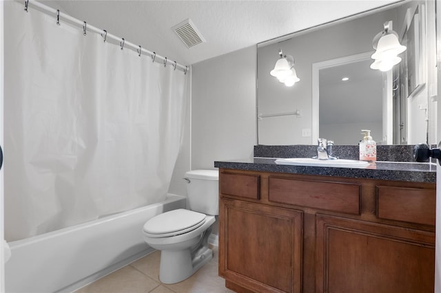 bathroom featuring tile patterned flooring, toilet, shower / tub combo, vanity, and visible vents