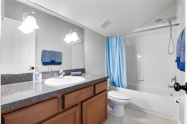 bathroom with visible vents, toilet, shower / tub combo, a textured ceiling, and tile patterned flooring