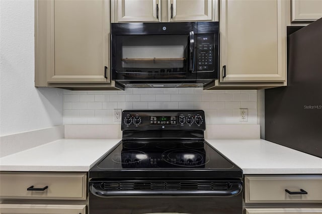 kitchen with tasteful backsplash, light countertops, and black appliances