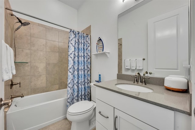 full bath featuring toilet, tile patterned floors, shower / bath combination with curtain, and vanity