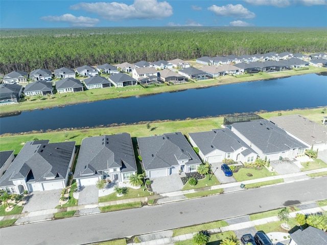 bird's eye view featuring a water view and a residential view