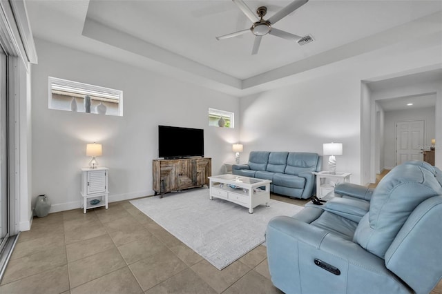 585 Mosaic Blvd, Daytona Beach, FL 32124 - living room featuring a raised ceiling, a ceiling fan, baseboards, light tile patterned floors, and visible vents