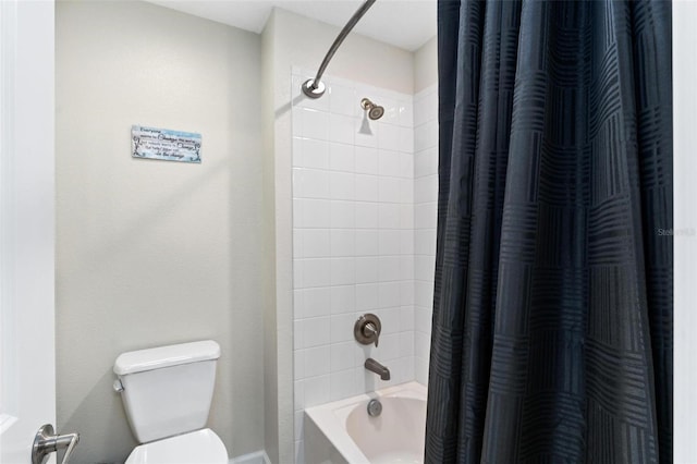 full bathroom featuring toilet and shower / bathtub combination with curtain