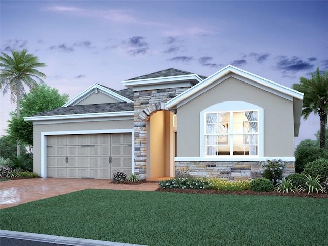 view of front of home with a garage, stone siding, a front yard, and stucco siding