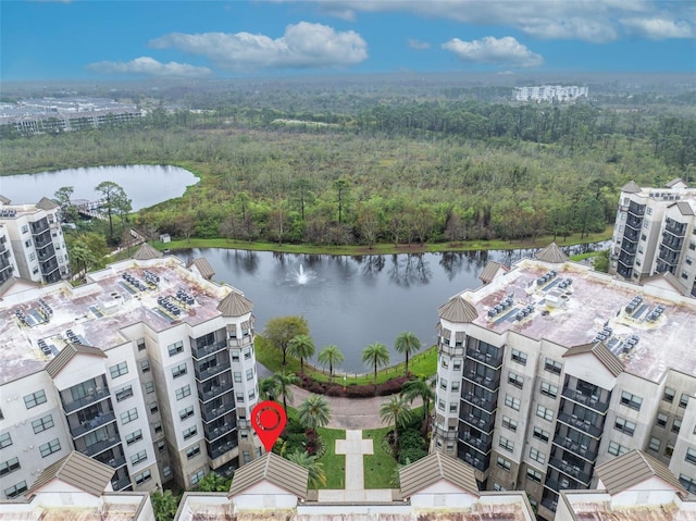 aerial view featuring a water view and a wooded view