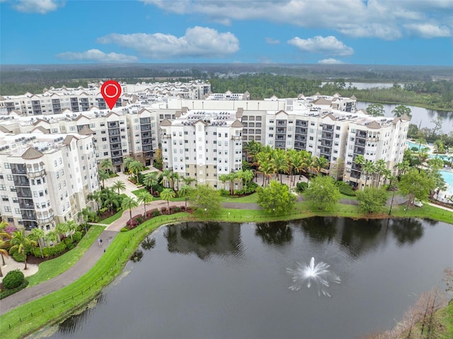 drone / aerial view with a water view