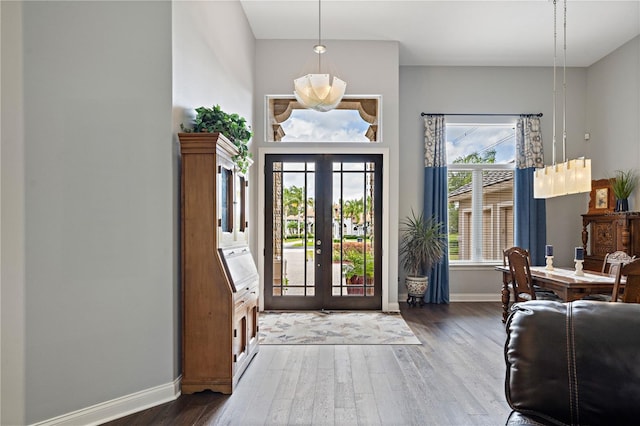 entrance foyer featuring baseboards, wood finished floors, and french doors