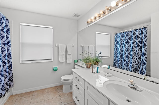 full bath with visible vents, toilet, vanity, tile patterned flooring, and baseboards