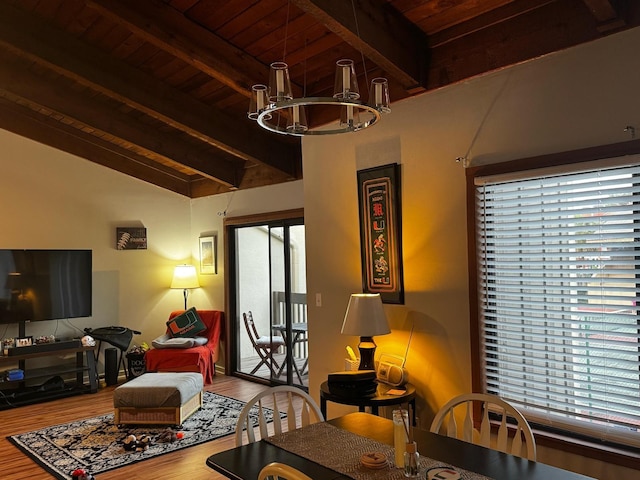 living room featuring a chandelier, wood ceiling, lofted ceiling with beams, and wood finished floors