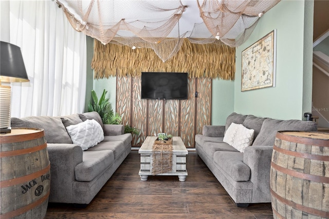 living room featuring dark wood-type flooring