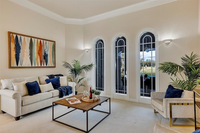 living area featuring ornamental molding and light colored carpet