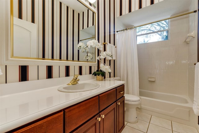 full bath with toilet, shower / tub combo, vanity, tile patterned flooring, and wallpapered walls