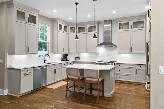 kitchen featuring stainless steel appliances, dark wood-type flooring, a sink, a kitchen island, and wall chimney exhaust hood