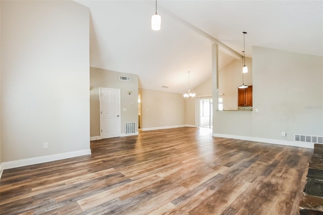 unfurnished living room featuring high vaulted ceiling, wood finished floors, and visible vents